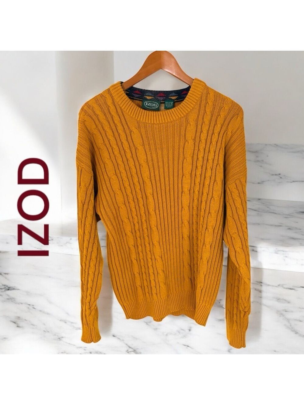 IZOD-sharp men’s luxury cable knit sweater. Size medium. Harvest yellow. EUC!